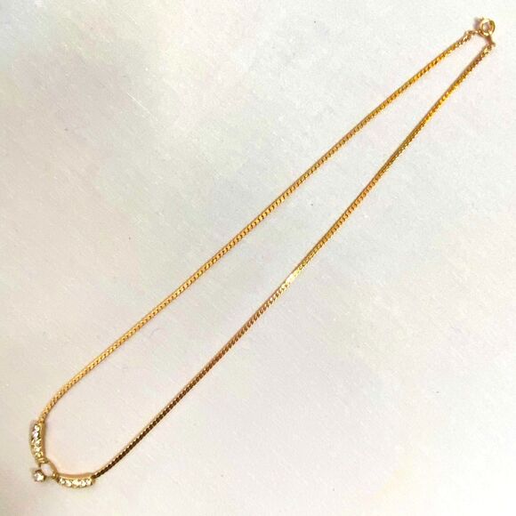 Pendant Necklace Gold Tone Flat Cobra Chain Clear Rhinestones Central Opalesque - Picture 2 of 11